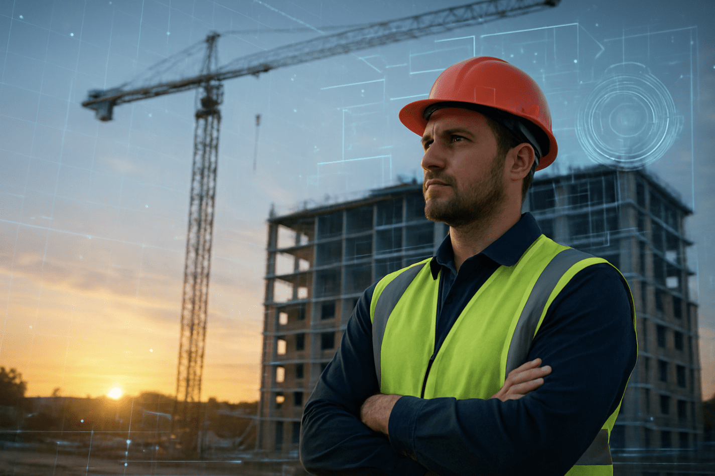 man at construction site during late afternoon.