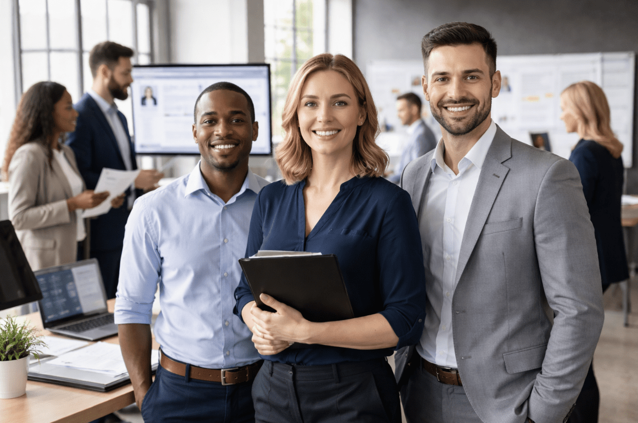 Diverse team of three smiling business professionals standing together in a modern office, representing a confident leadership and recruiting team, with coworkers collaborating and computer screens visible in the background.