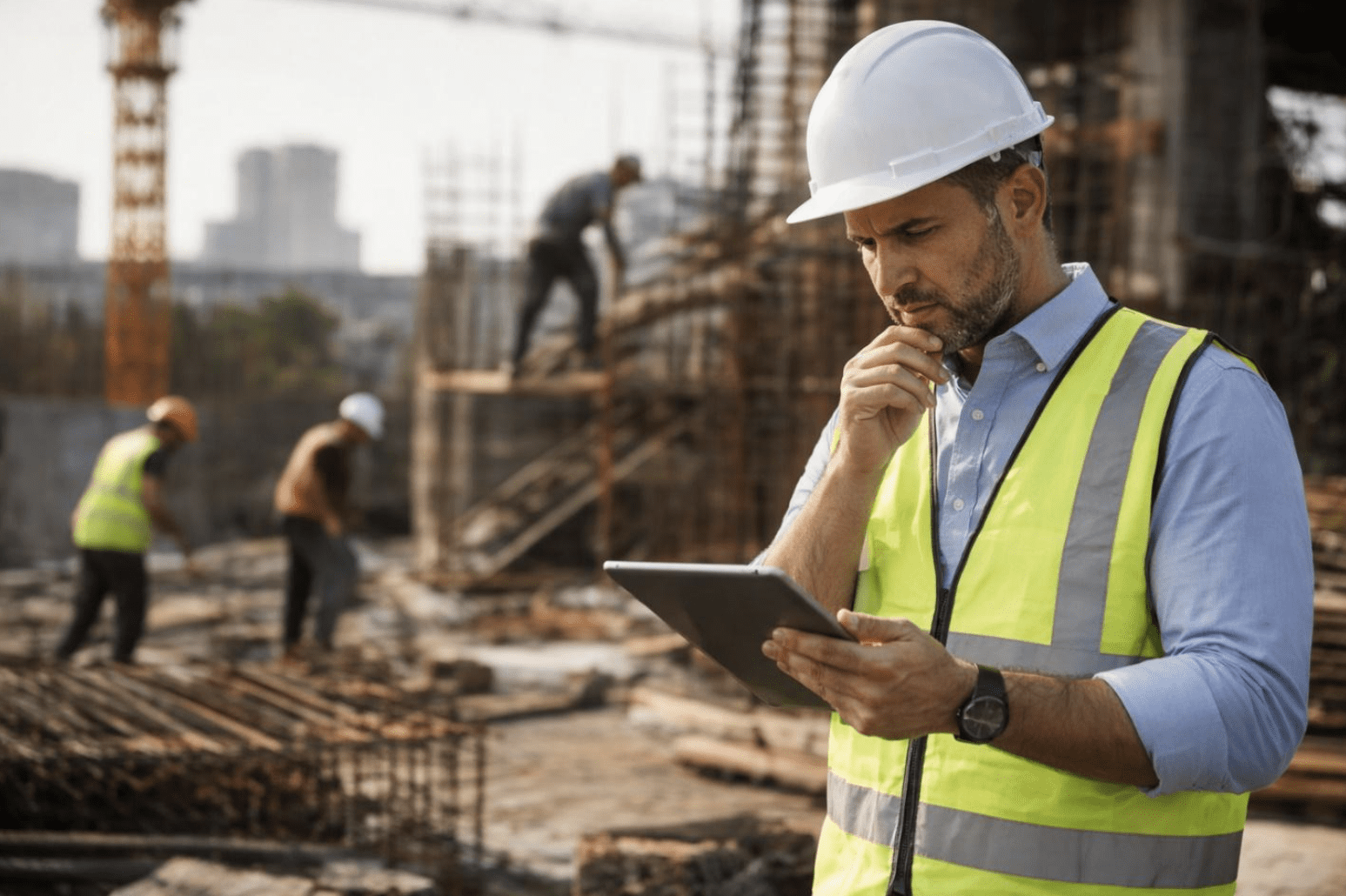Construction supervisor in a hard hat and high-visibility vest reviews a tablet on an active jobsite, with workers and structural rebar visible in the background, suggesting project oversight and workforce planning.