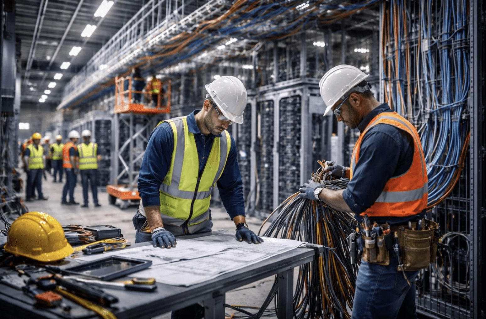 Electrical and low-voltage technicians working inside an active data center construction environment, reviewing plans and organizing cabling to support critical power and network infrastructure.
